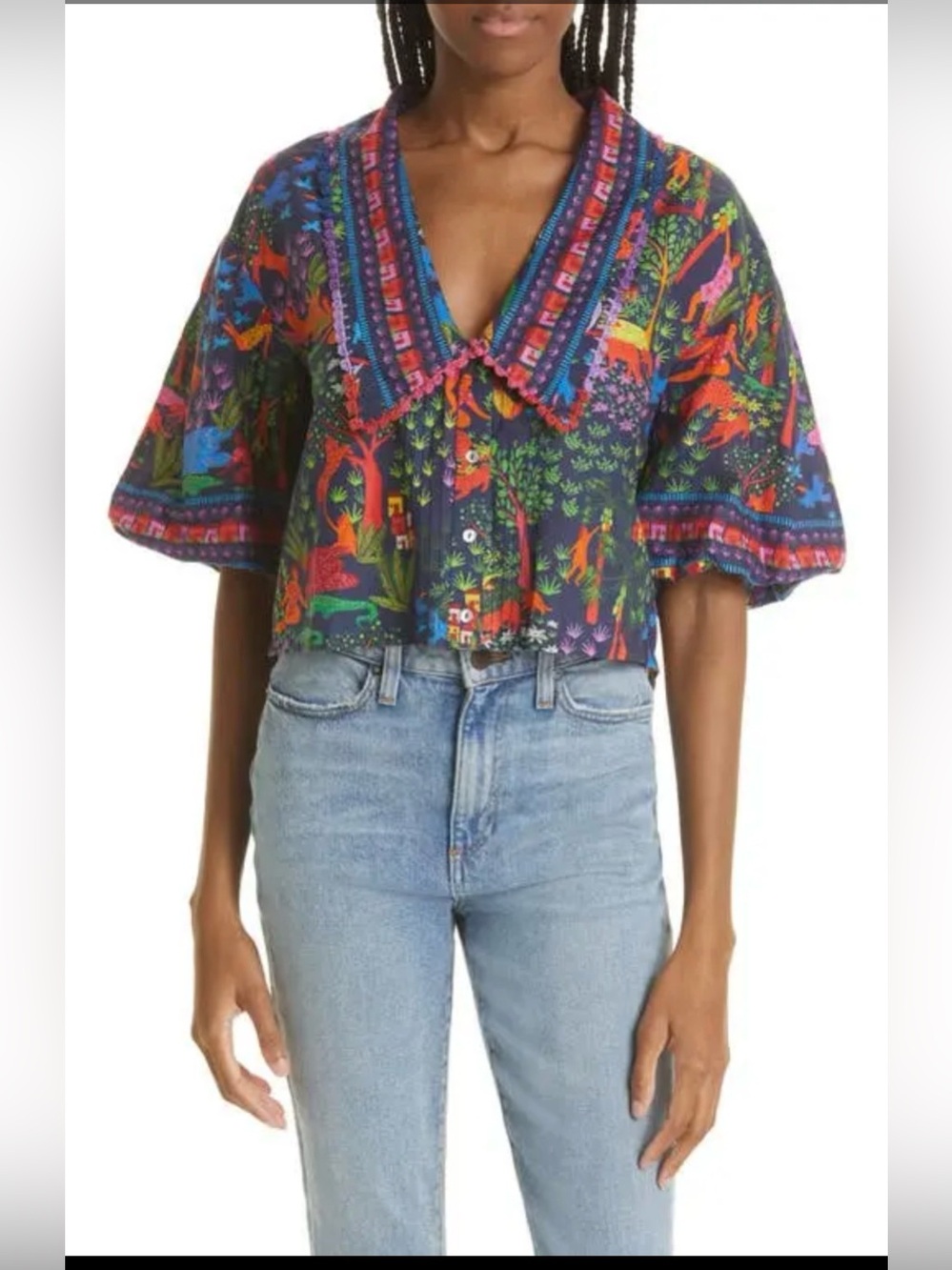 Farm Rio Puff Sleeve Animal Utopia Blouse Size Large